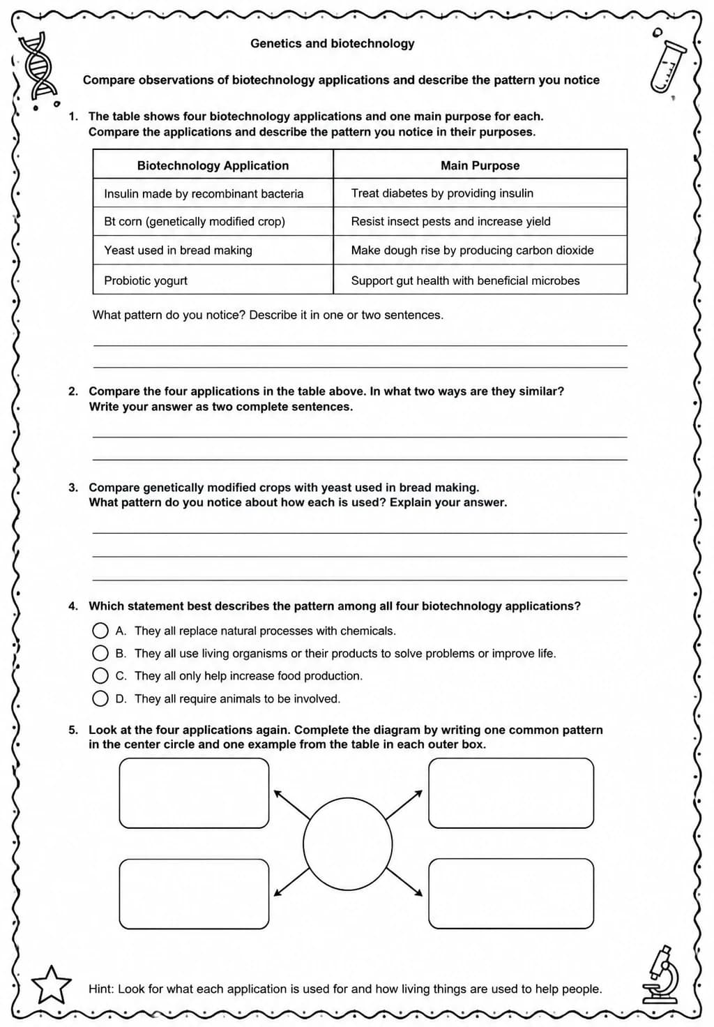 Compare observations of biotechnology applications and describe the pattern you notice — free printable Middle School Science worksheet