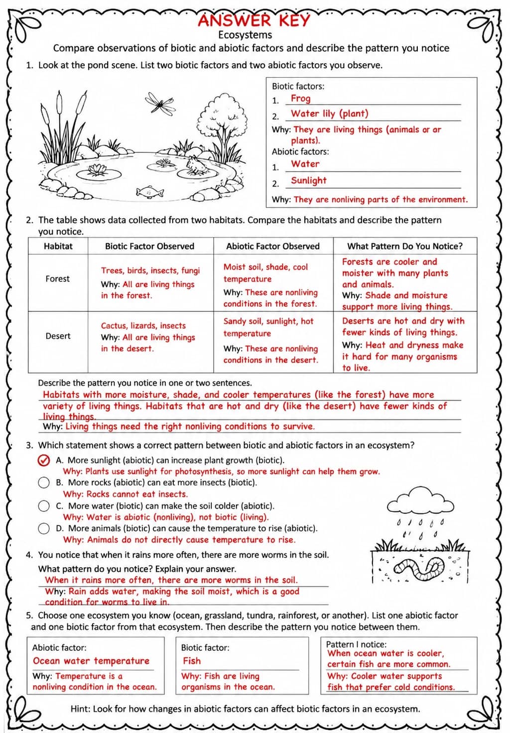 Answer key for Compare observations of biotic and abiotic factors and describe the pattern you notice — free printable Science worksheet