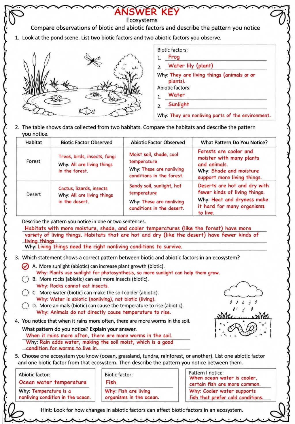 Answer key for Compare observations of biotic and abiotic factors and describe the pattern you notice — free printable Science worksheet