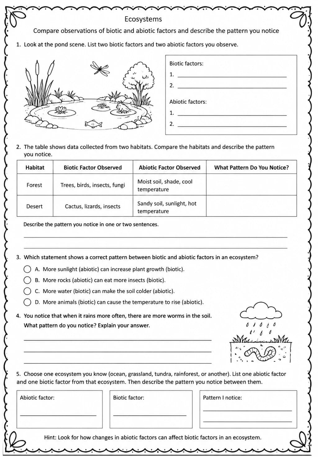 Compare observations of biotic and abiotic factors and describe the pattern you notice — free printable Middle School Science worksheet