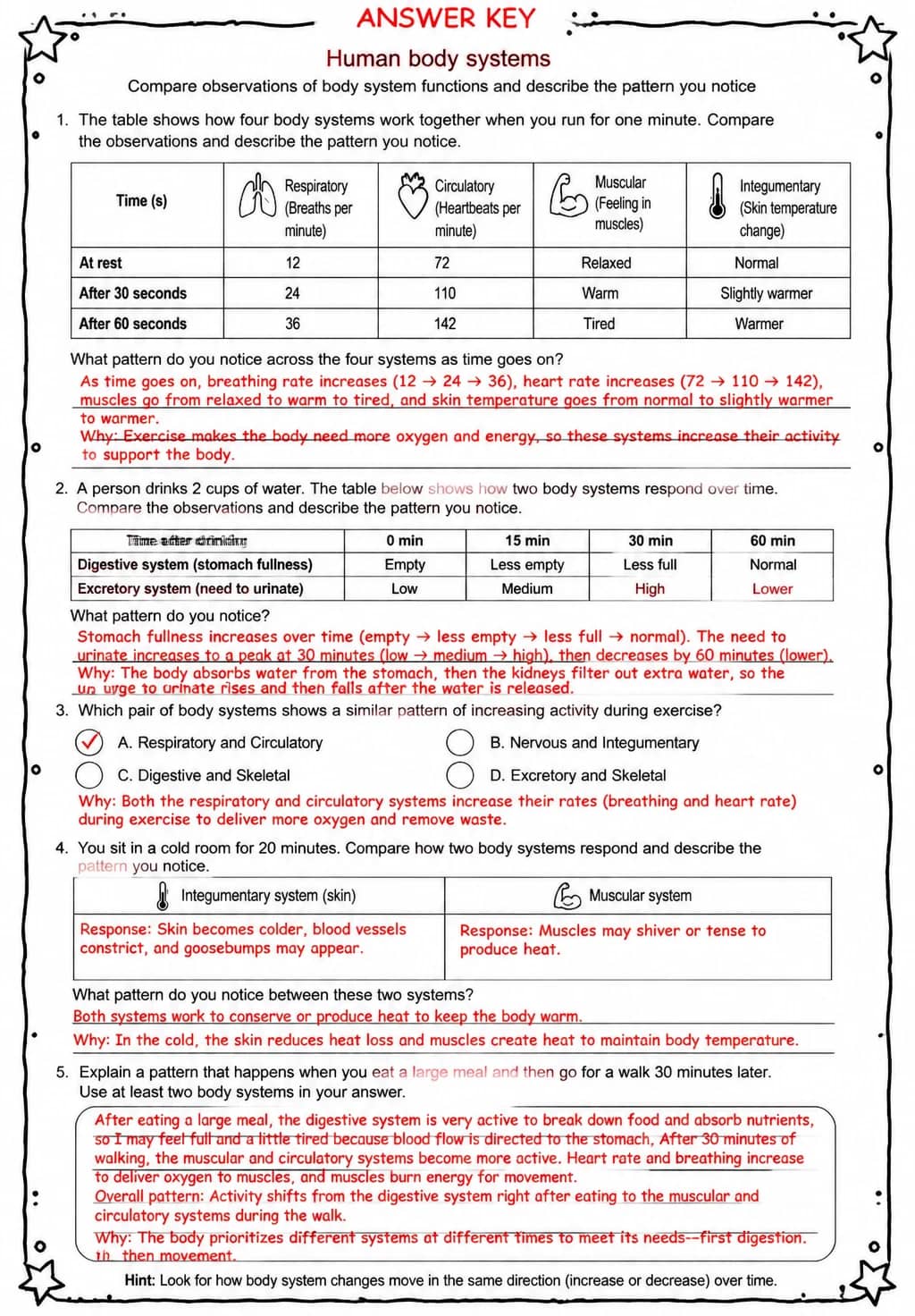 Answer key for Compare observations of body system functions and describe the pattern you notice — free printable Science worksheet