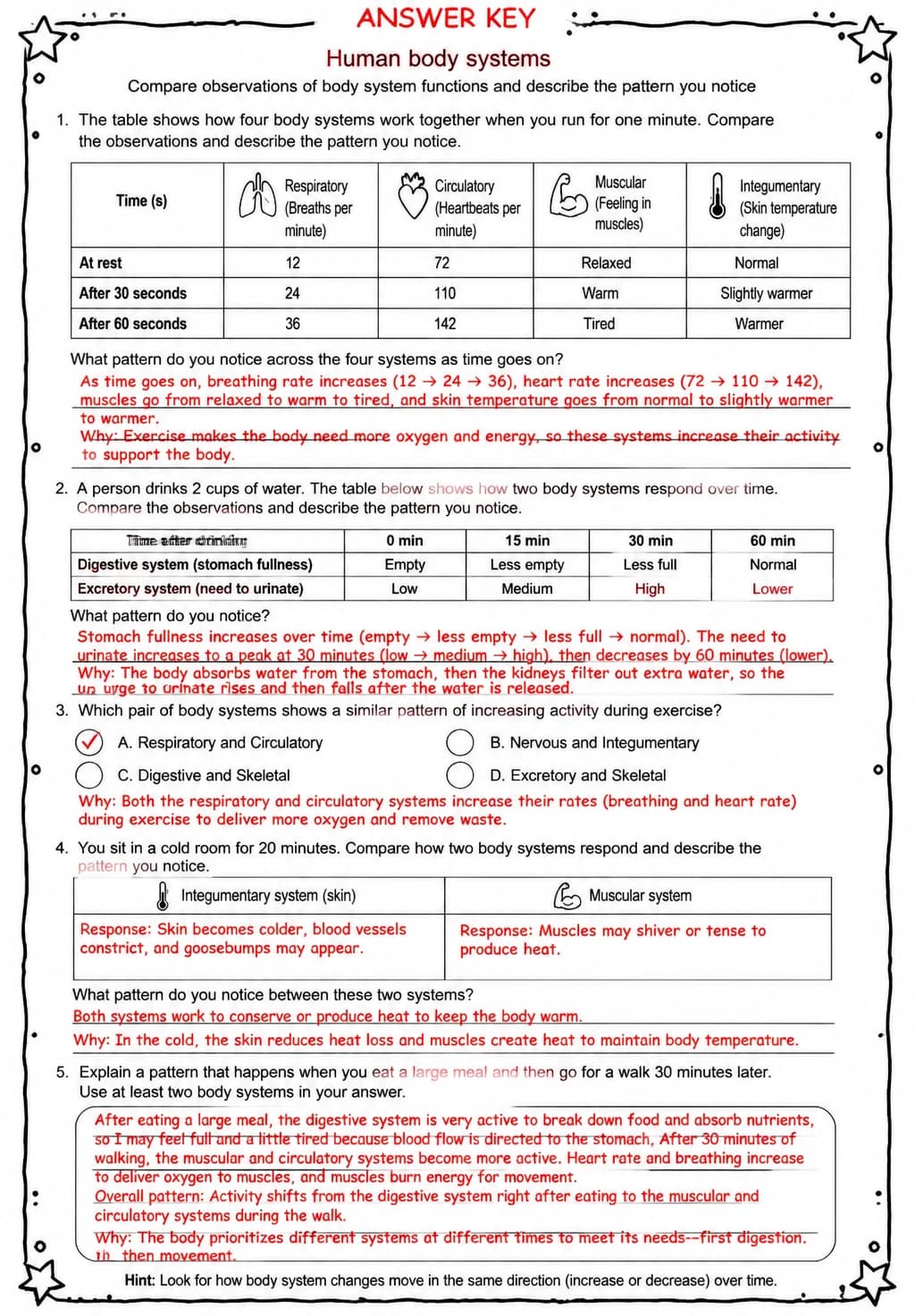 Answer key for Compare observations of body system functions and describe the pattern you notice — free printable Science worksheet