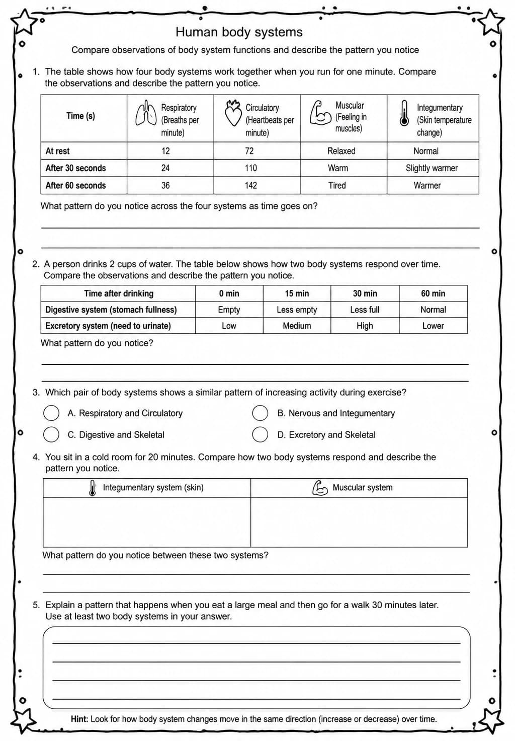 Compare observations of body system functions and describe the pattern you notice — free printable Grade 5 Science worksheet