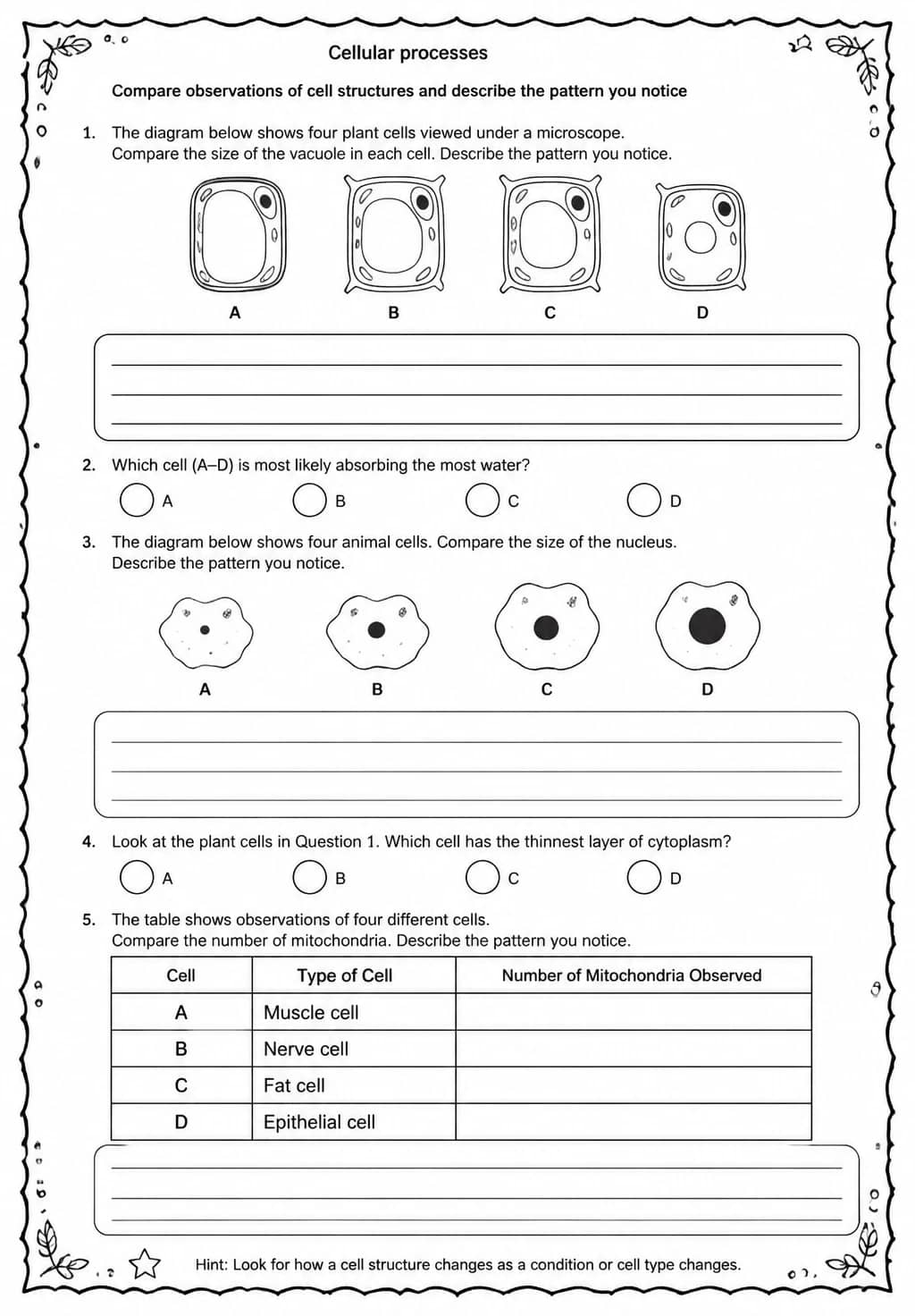 Compare observations of cell structures and describe the pattern you notice — free printable Middle School Science worksheet