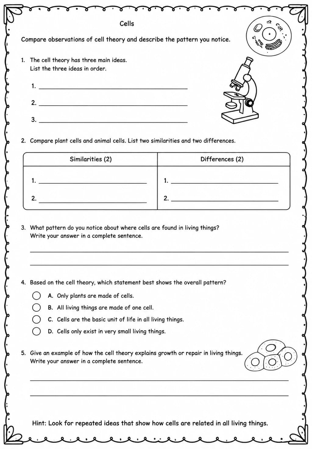 Compare observations of cell theory and describe the pattern you notice — free printable Middle School Science worksheet