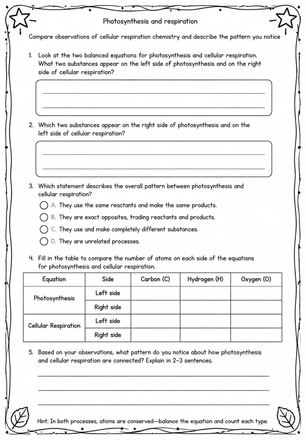 Compare observations of cellular respiration chemistry and describe the pattern you notice — free printable Middle School Science worksheet
