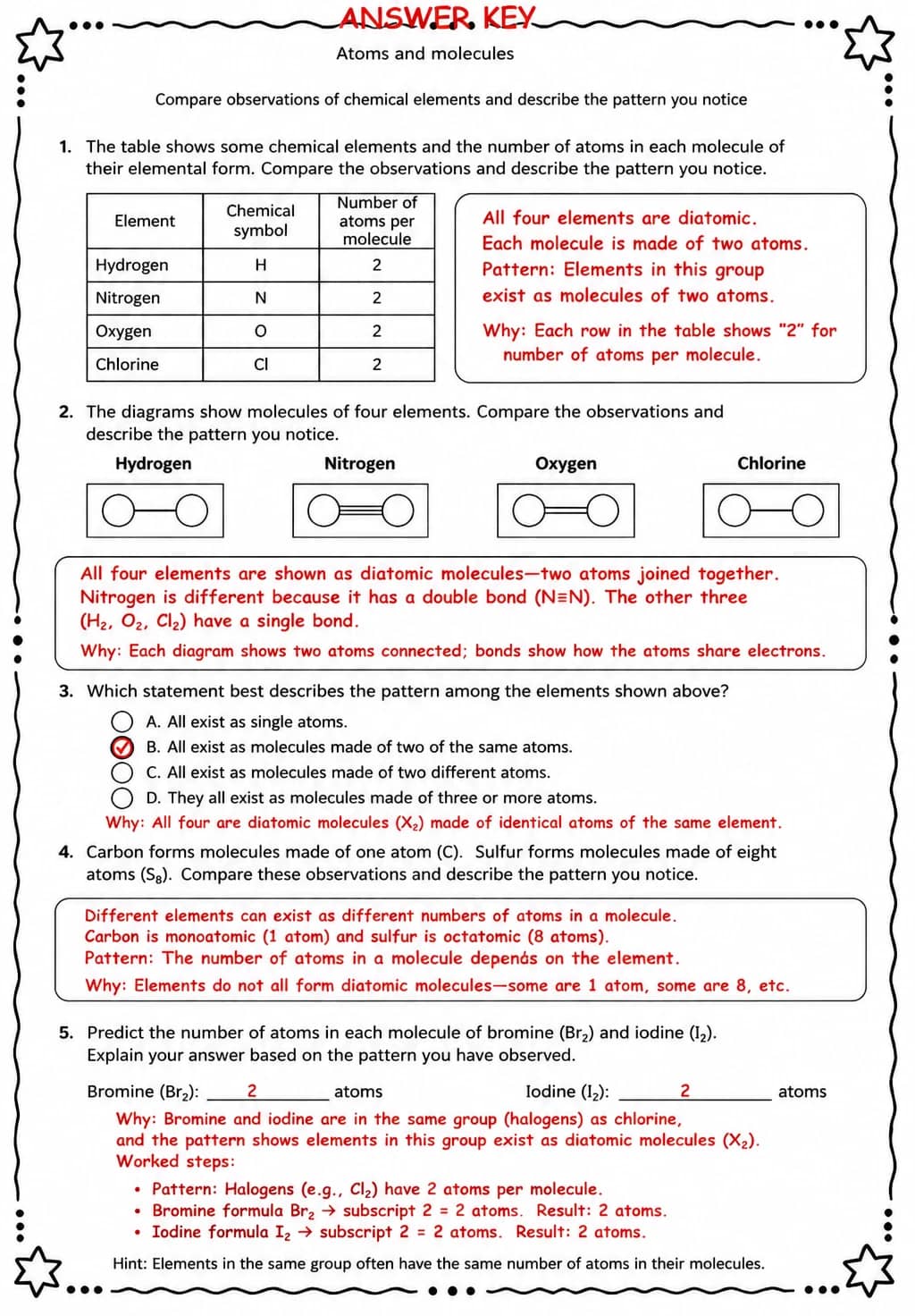 Answer key for Compare observations of chemical elements and describe the pattern you notice — free printable Science worksheet