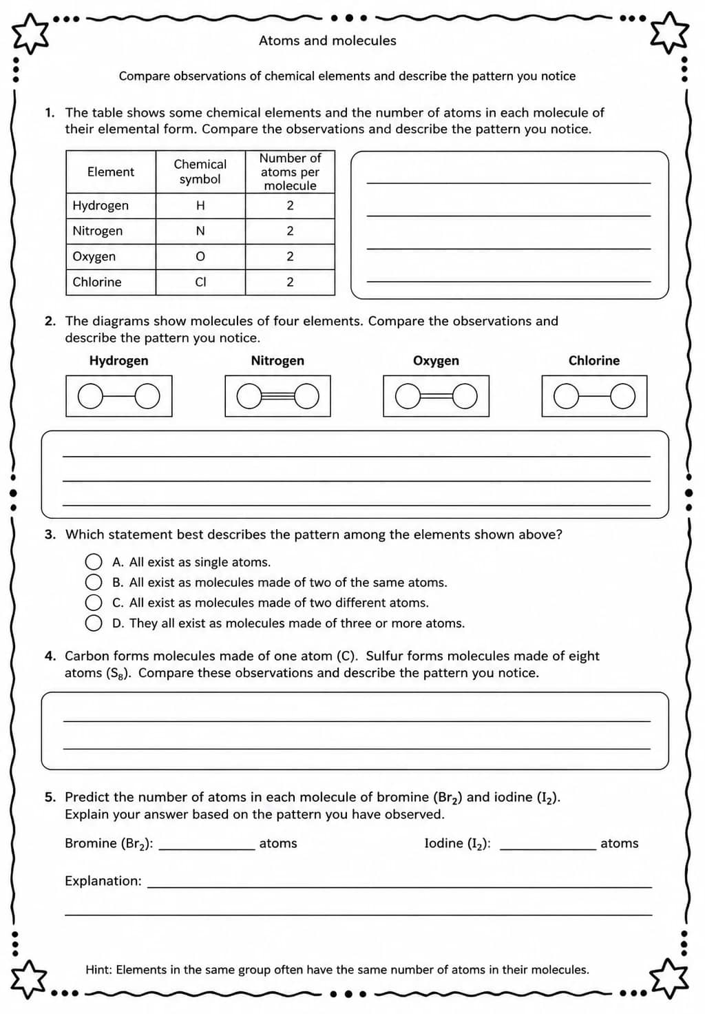 Compare observations of chemical elements and describe the pattern you notice — free printable Middle School Science worksheet