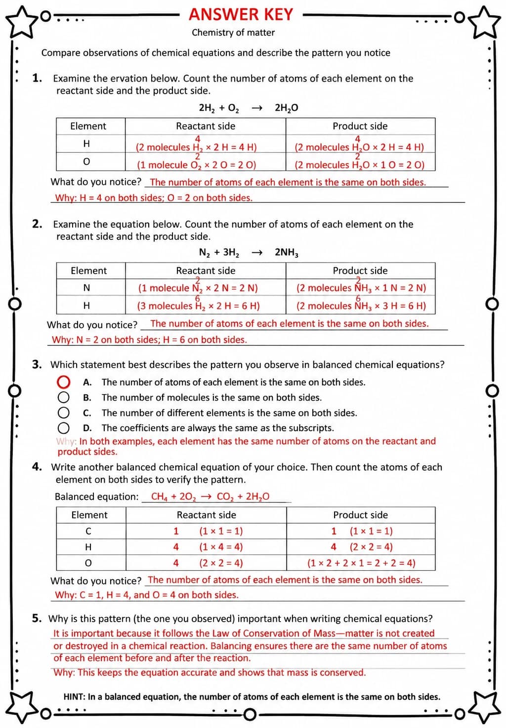 Answer key for Compare observations of chemical equations and describe the pattern you notice — free printable Science worksheet