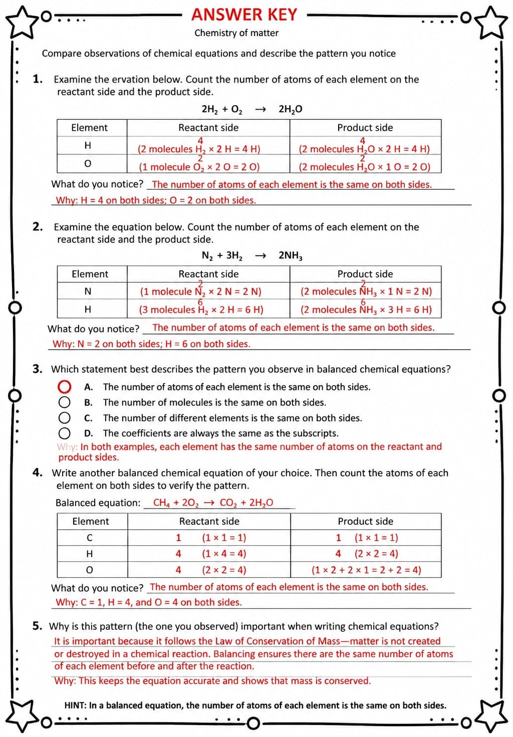 Answer key for Compare observations of chemical equations and describe the pattern you notice — free printable Science worksheet