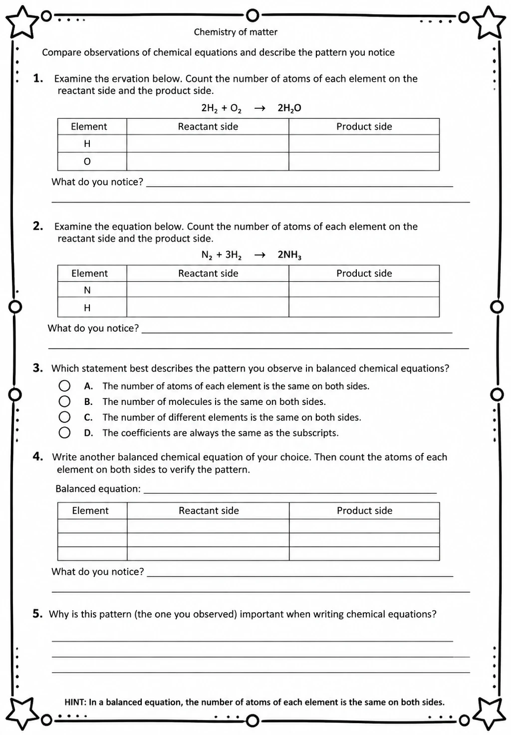 Compare observations of chemical equations and describe the pattern you notice — free printable Middle School Science worksheet