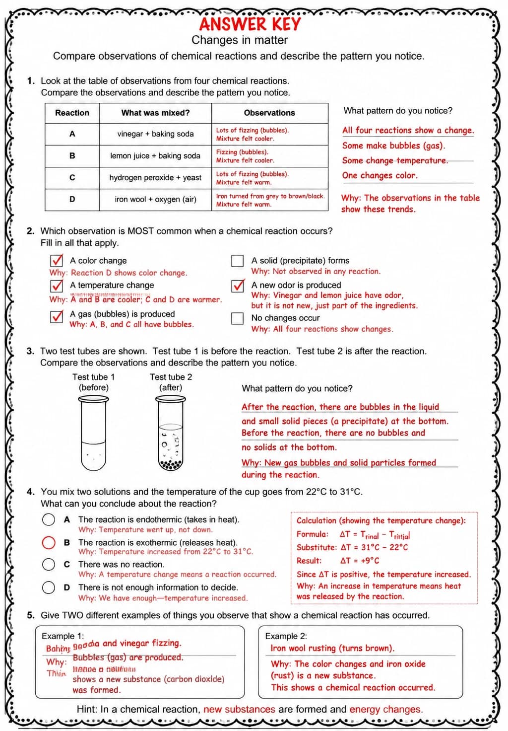 Answer key for Compare observations of chemical reactions and describe the pattern you notice — free printable Science worksheet