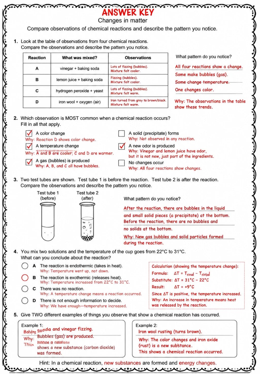 Answer key for Compare observations of chemical reactions and describe the pattern you notice — free printable Science worksheet