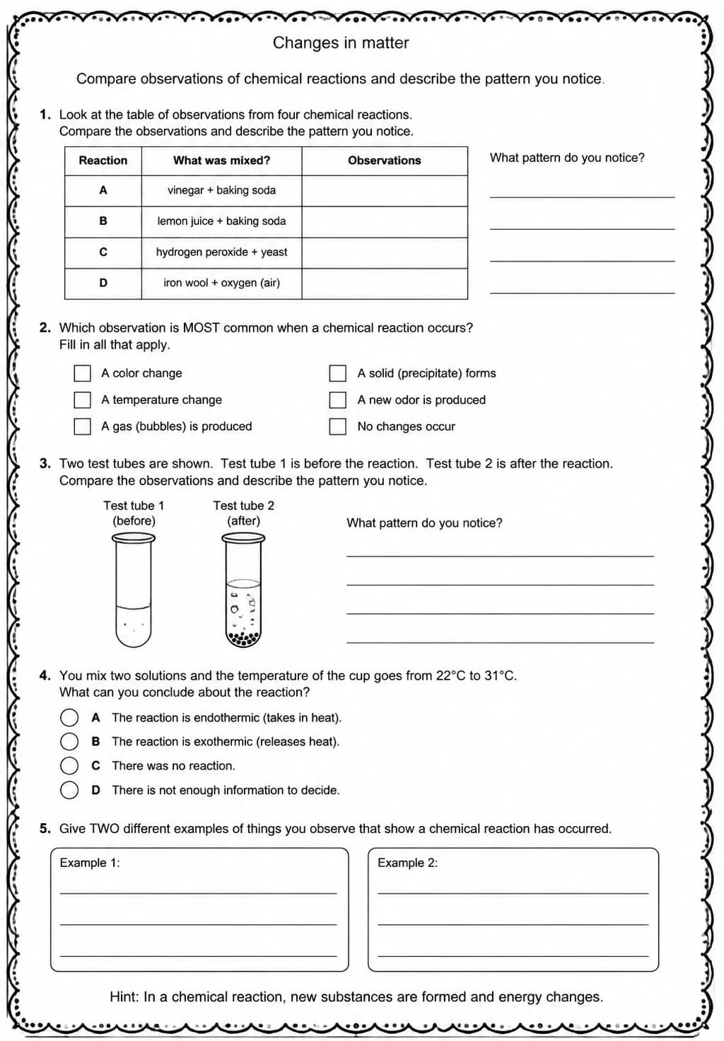 Compare observations of chemical reactions and describe the pattern you notice — free printable Grade 5 Science worksheet