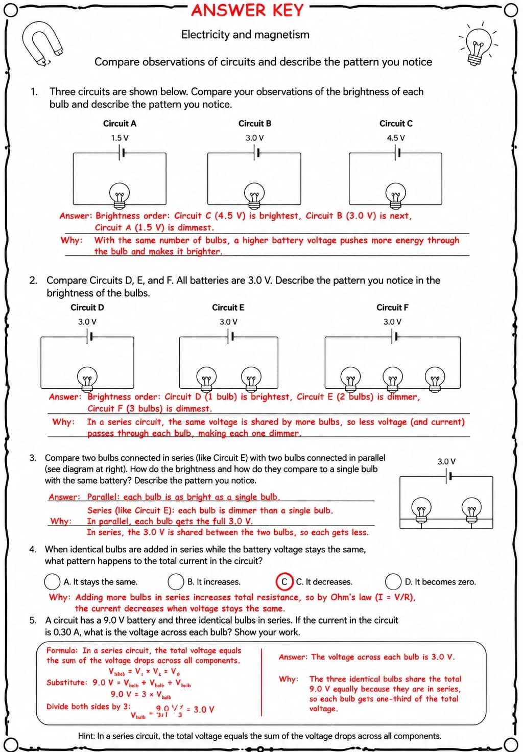 Answer key for Compare observations of circuits and describe the pattern you notice — free printable Science worksheet