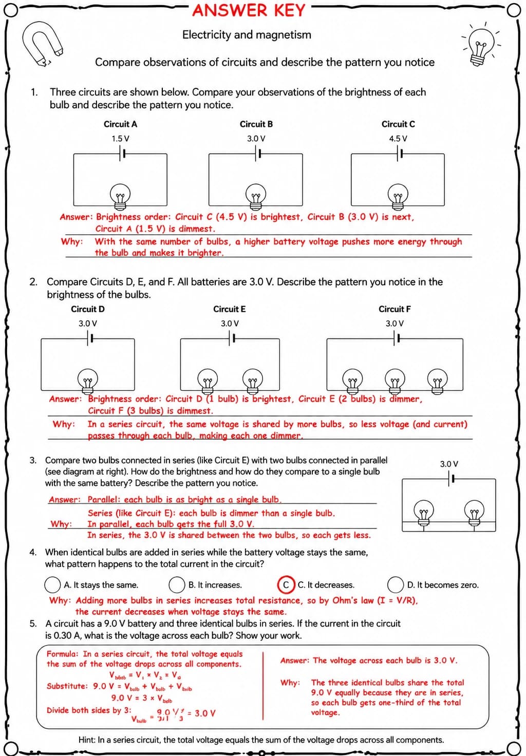 Answer key for Compare observations of circuits and describe the pattern you notice — free printable Science worksheet