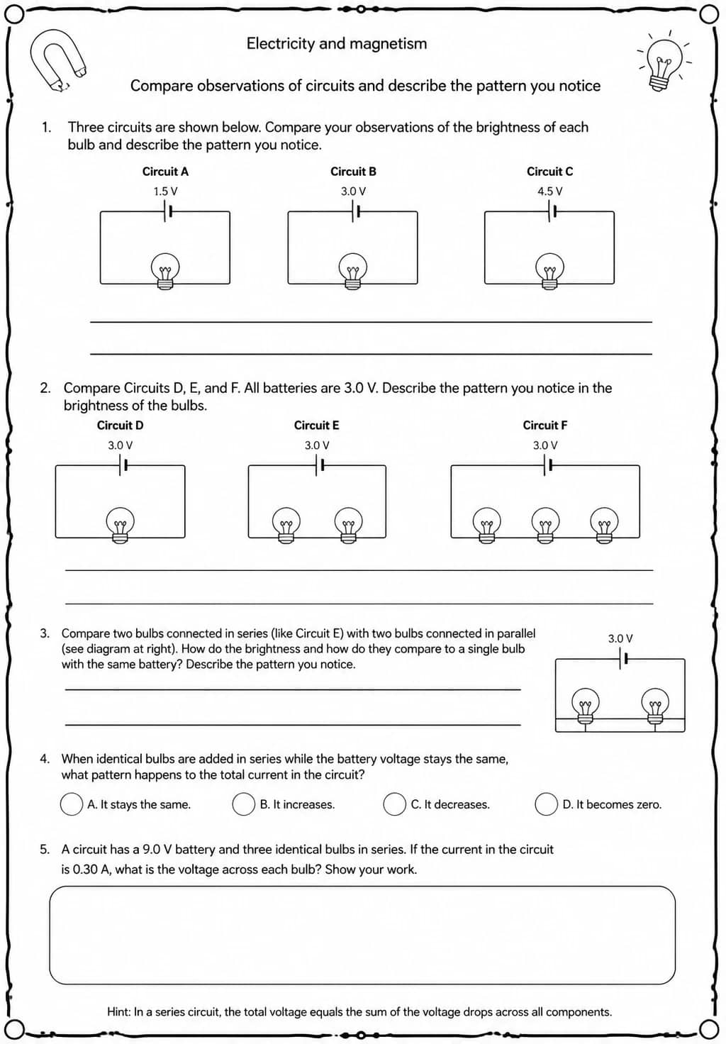 Compare observations of circuits and describe the pattern you notice — free printable Middle School Science worksheet