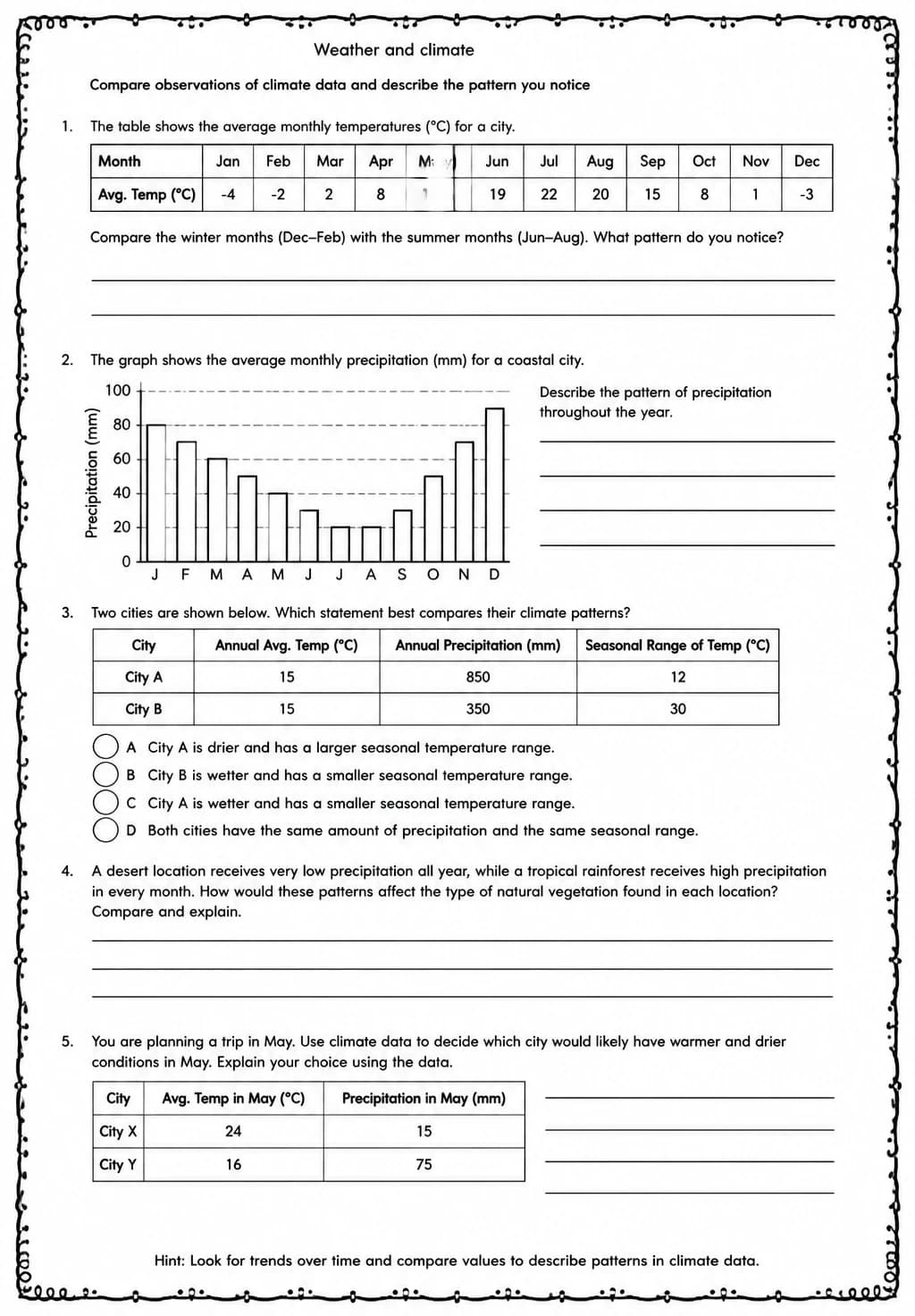 Compare observations of climate data and describe the pattern you notice — free printable Middle School Science worksheet