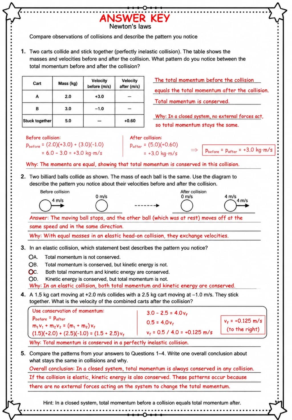 Answer key for Compare observations of collisions and describe the pattern you notice — free printable Science worksheet