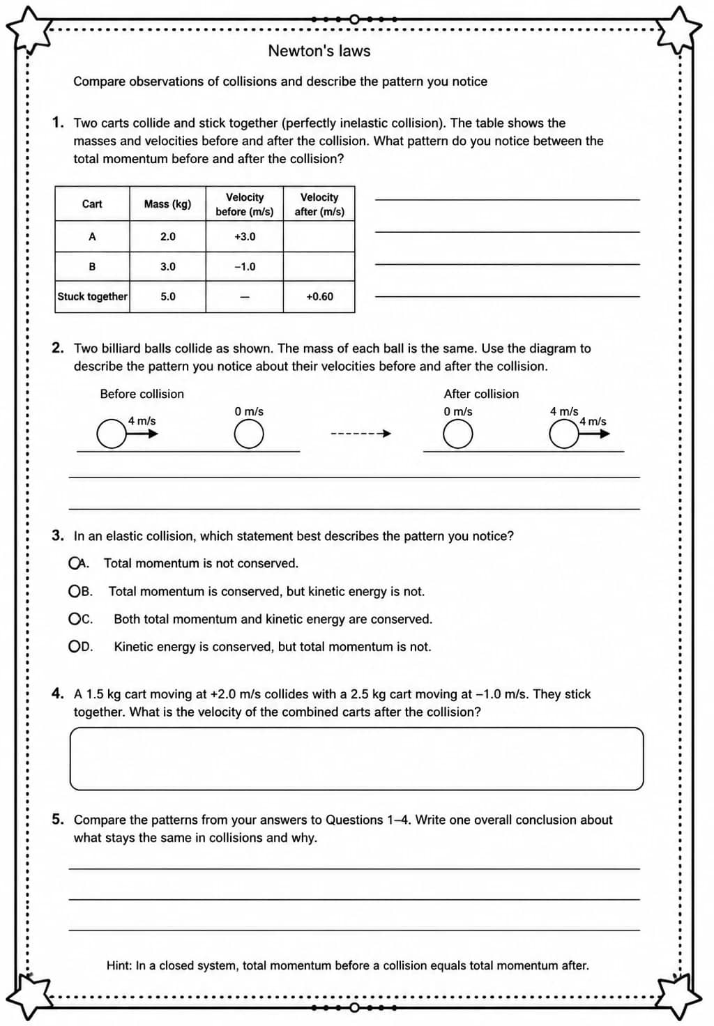 Compare observations of collisions and describe the pattern you notice — free printable Middle School Science worksheet