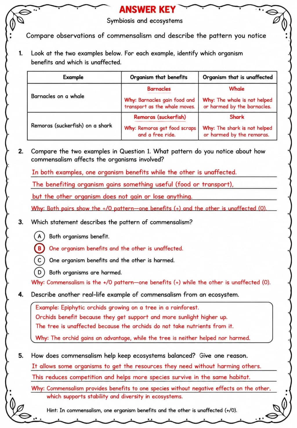 Answer key for Compare observations of commensalism and describe the pattern you notice — free printable Science worksheet