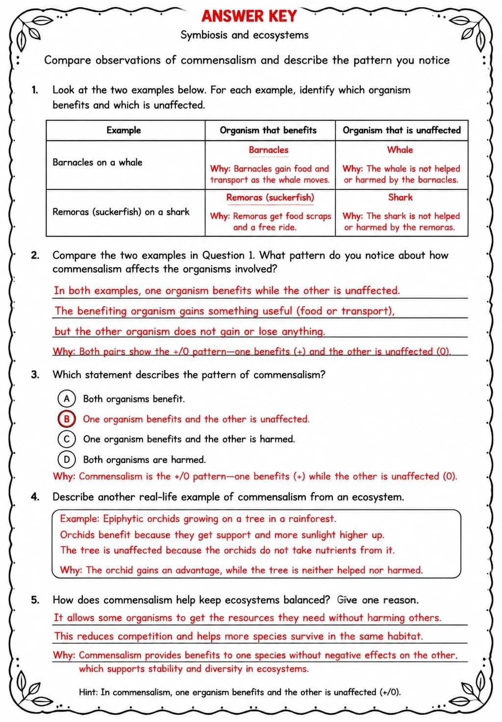 Answer key for Compare observations of commensalism and describe the pattern you notice — free printable Science worksheet