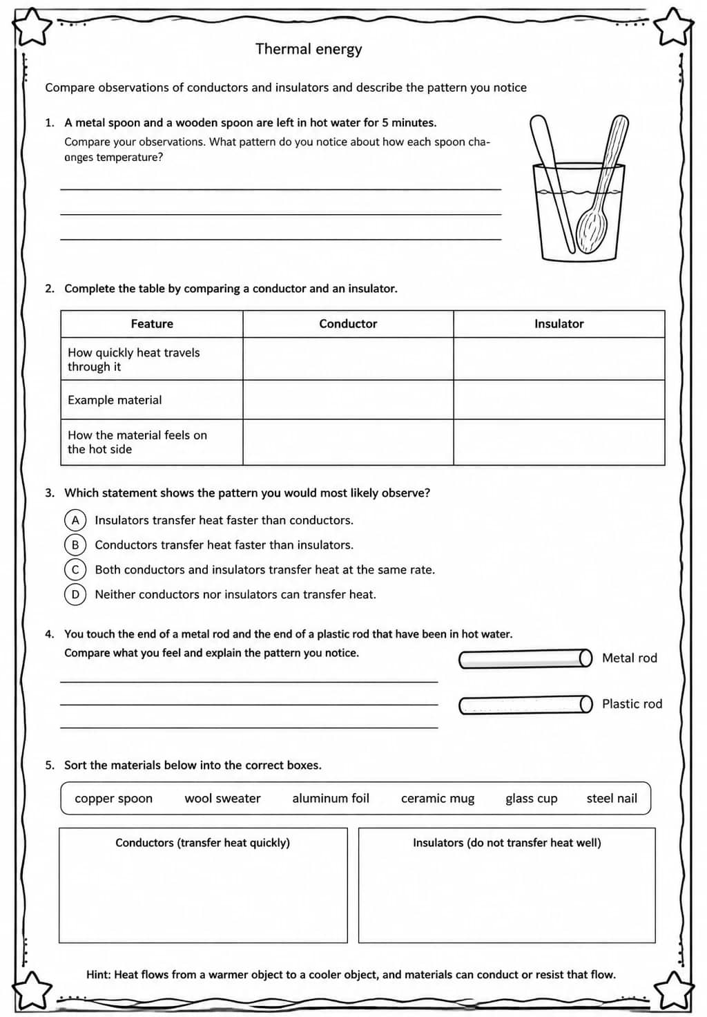 Compare observations of conductors and insulators and describe the pattern you notice — free printable Middle School Science worksheet