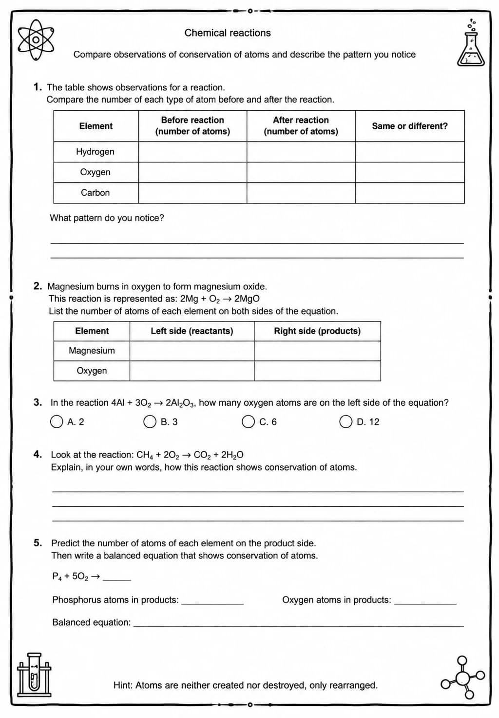 Compare observations of conservation of atoms and describe the pattern you notice — free printable Middle School Science worksheet