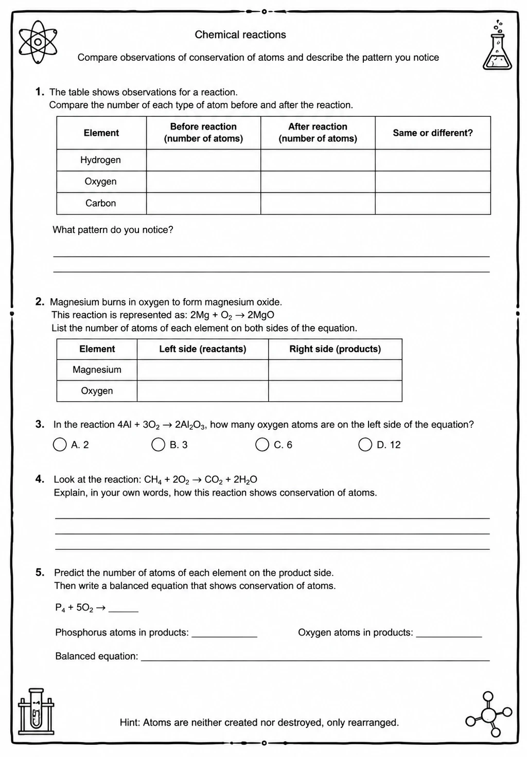 Compare observations of conservation of atoms and describe the pattern you notice — free printable Middle School Science worksheet