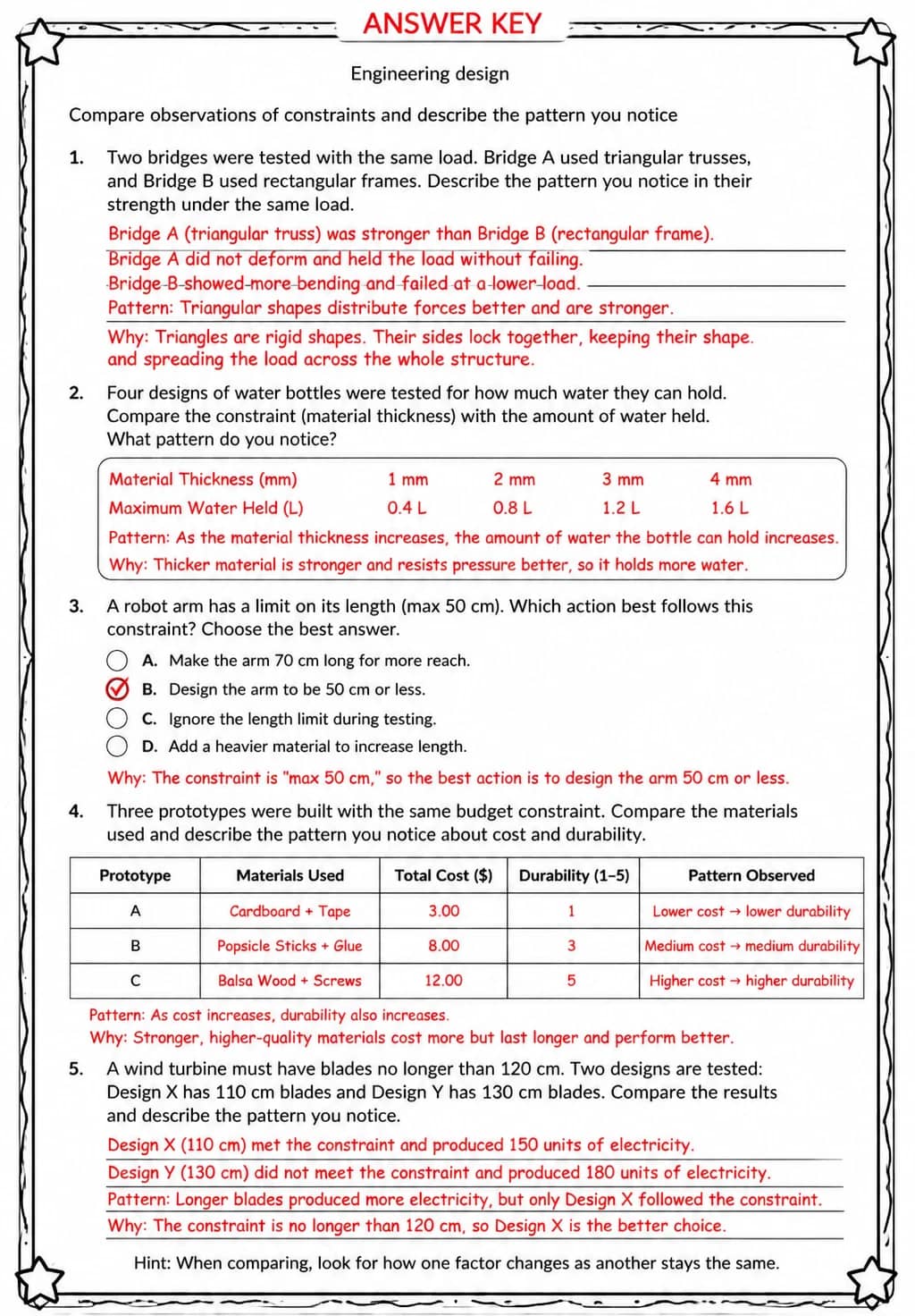 Answer key for Compare observations of constraints and describe the pattern you notice — free printable Science worksheet