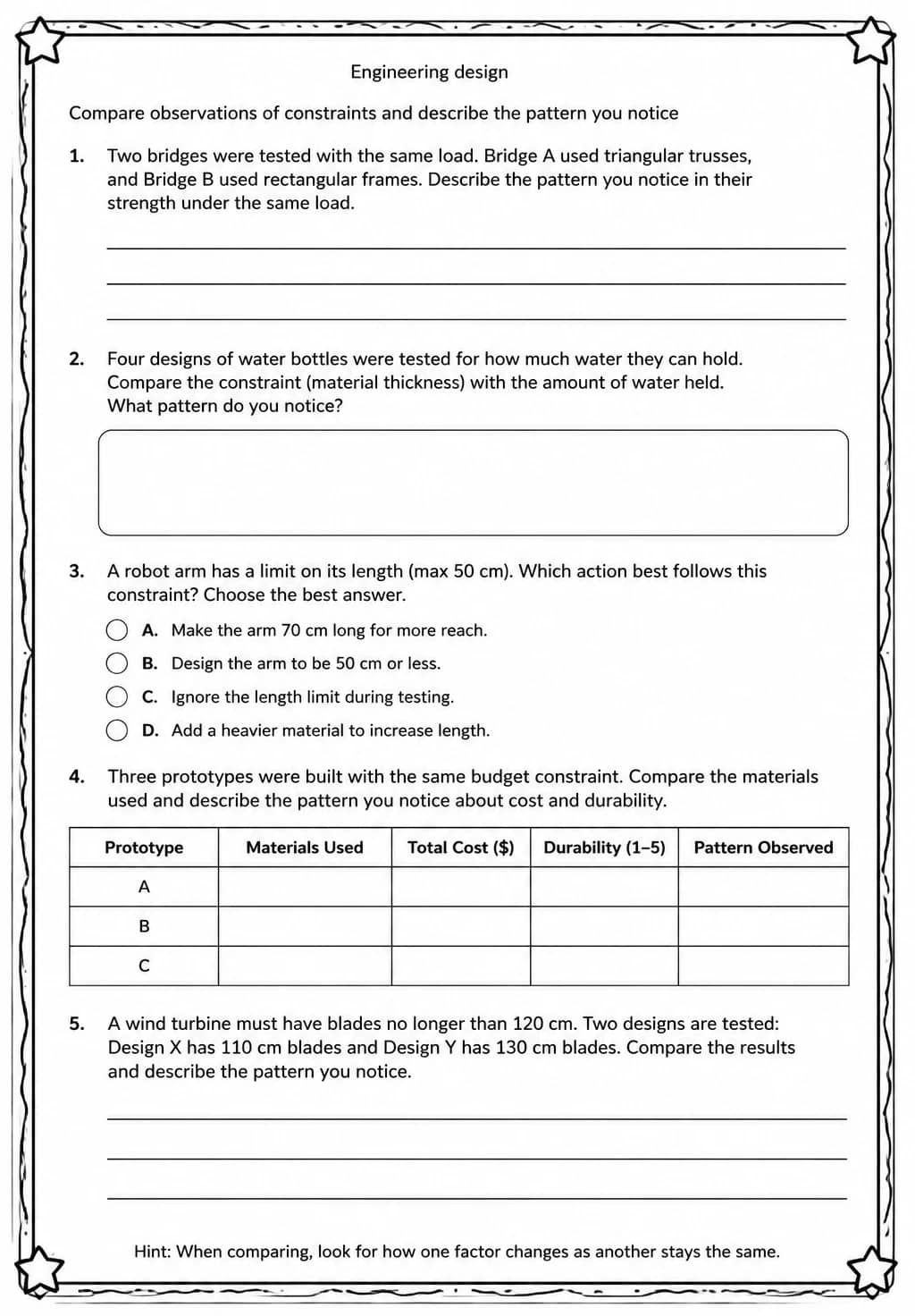 Compare observations of constraints and describe the pattern you notice — free printable Middle School Science worksheet