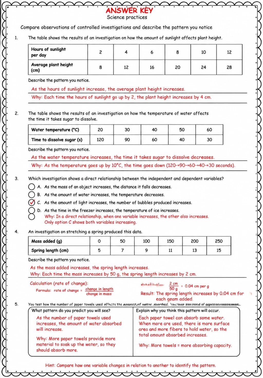 Answer key for Compare observations of controlled investigations and describe the pattern you notice — free printable Science worksheet