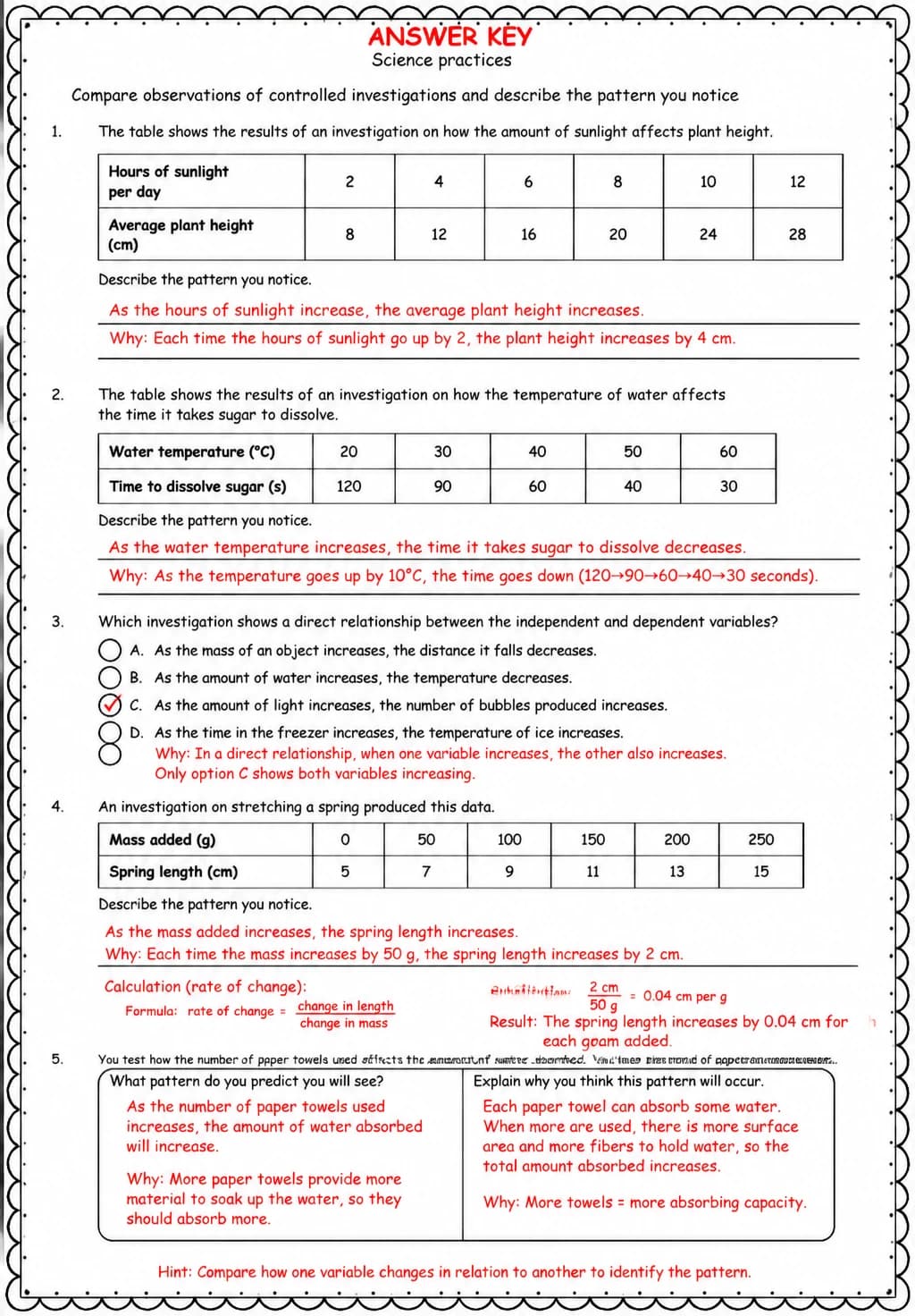 Answer key for Compare observations of controlled investigations and describe the pattern you notice — free printable Science worksheet