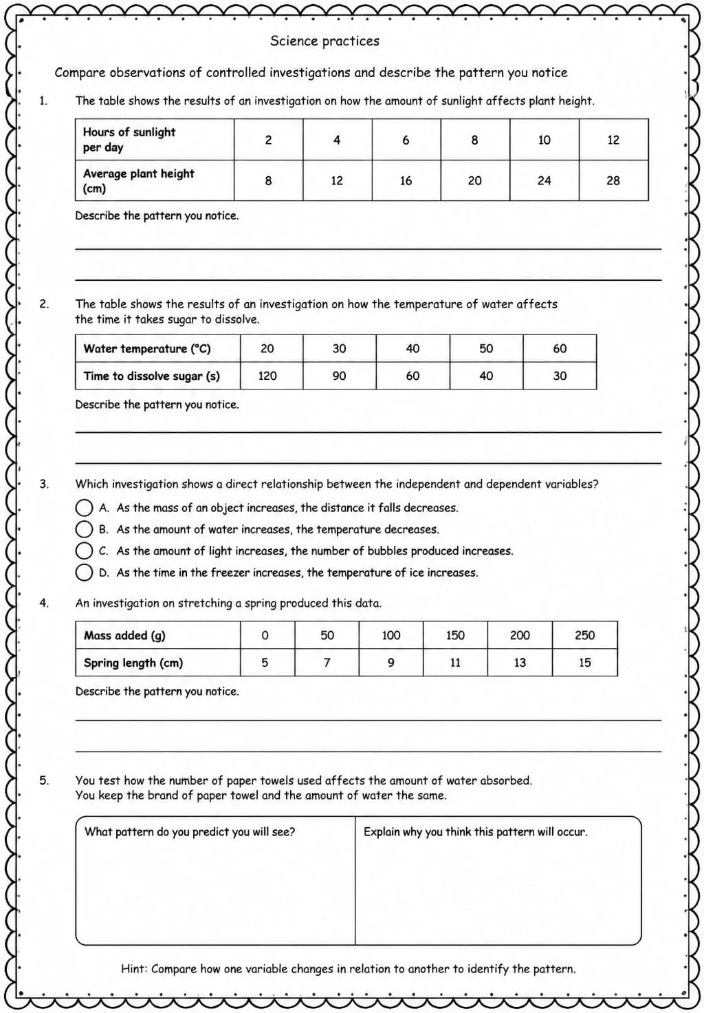 Compare observations of controlled investigations and describe the pattern you notice — free printable Grade 5 Science worksheet