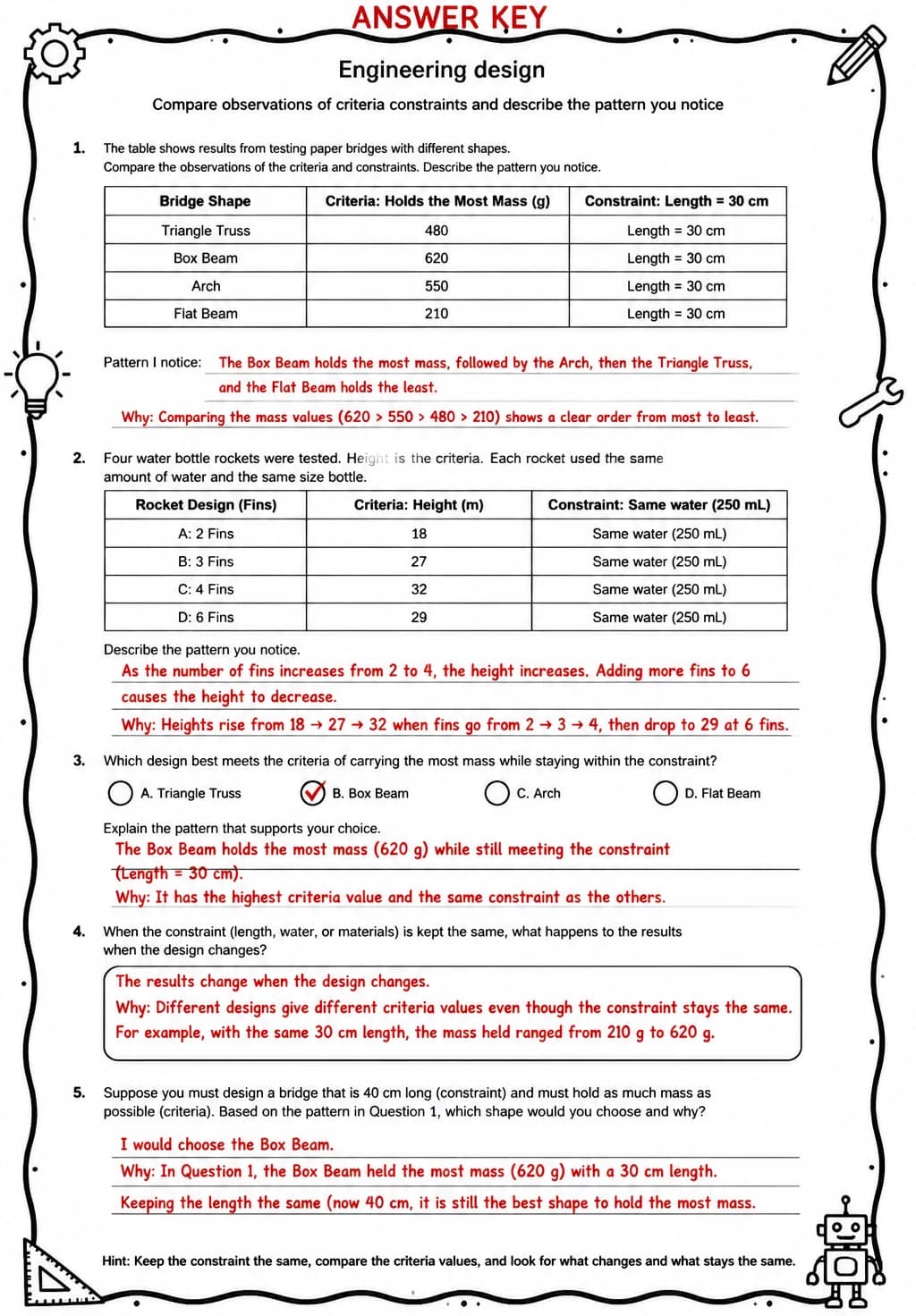 Answer key for Compare observations of criteria constraints and describe the pattern you notice — free printable Science worksheet