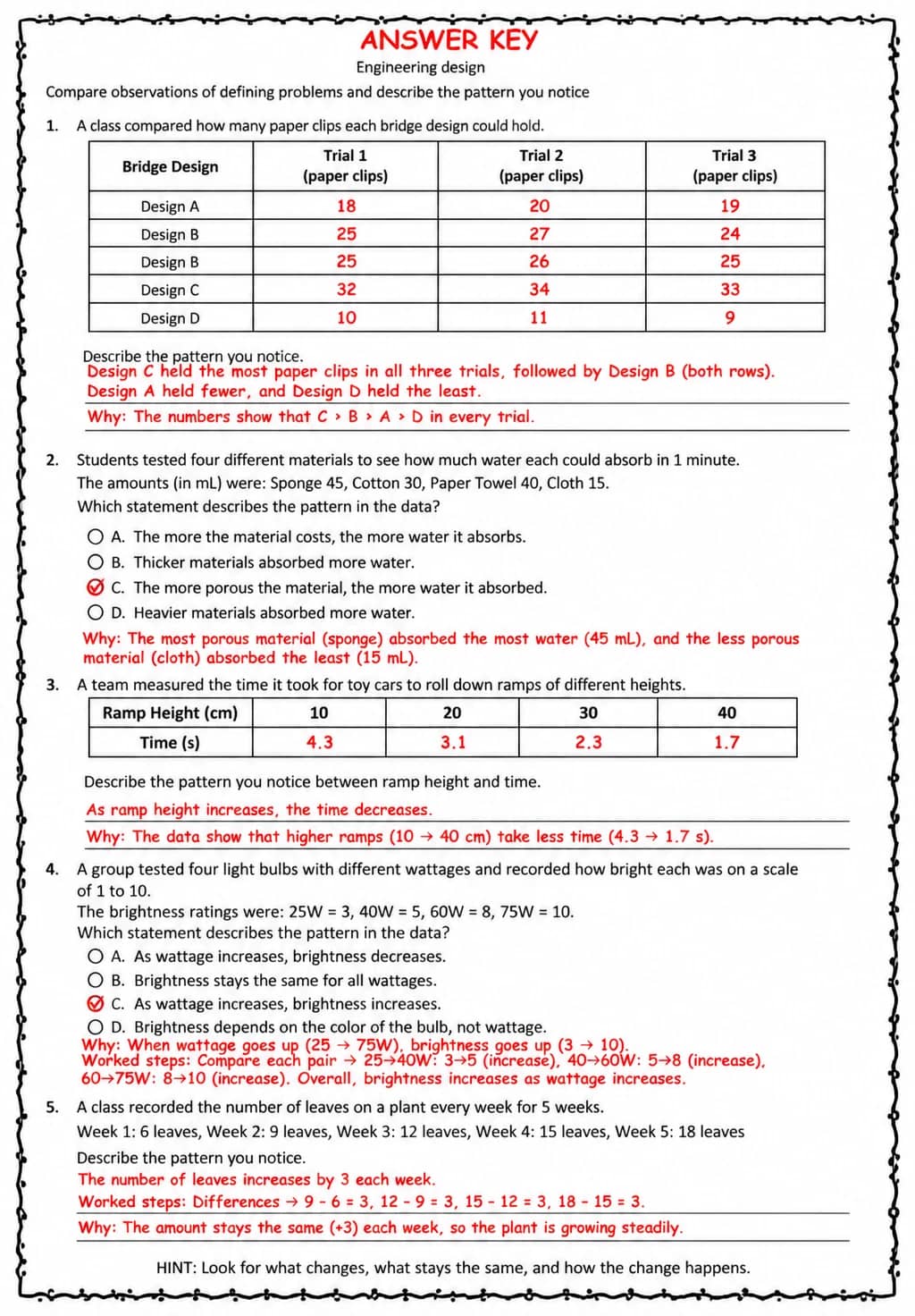 Answer key for Compare observations of defining problems and describe the pattern you notice — free printable Science worksheet