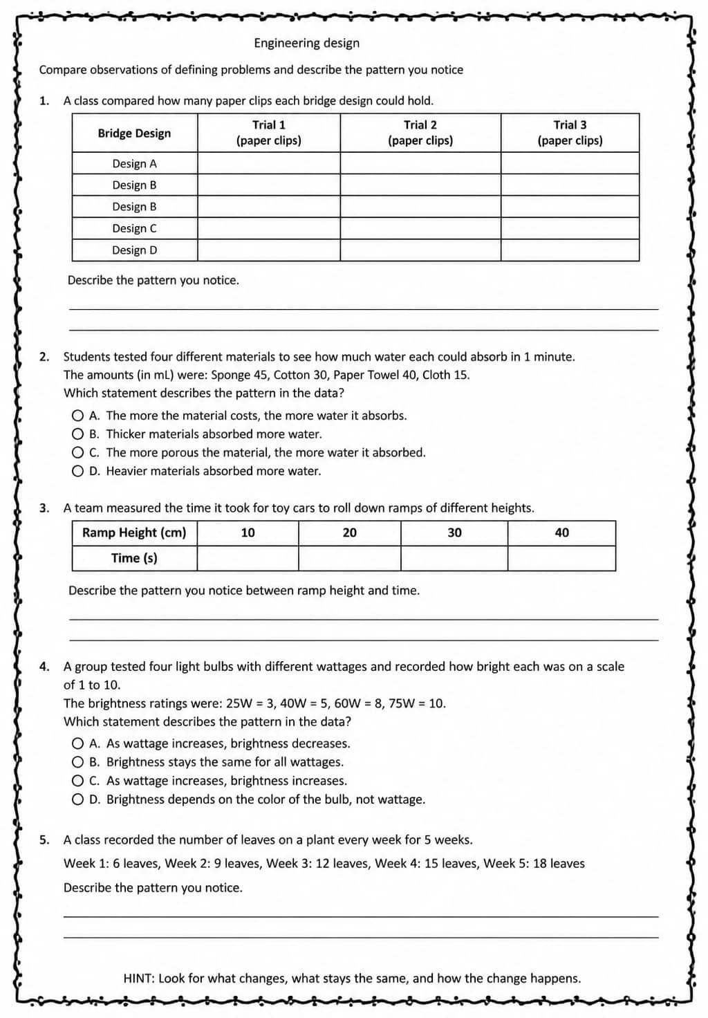 Compare observations of defining problems and describe the pattern you notice — free printable Grade 5 Science worksheet