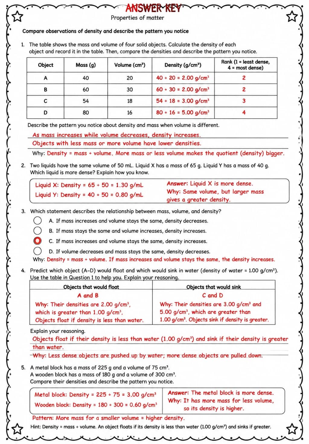 Answer key for Compare observations of density and describe the pattern you notice — free printable Science worksheet