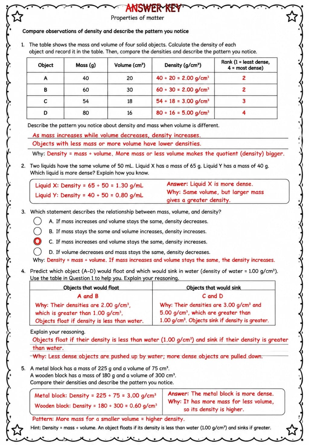 Answer key for Compare observations of density and describe the pattern you notice — free printable Science worksheet