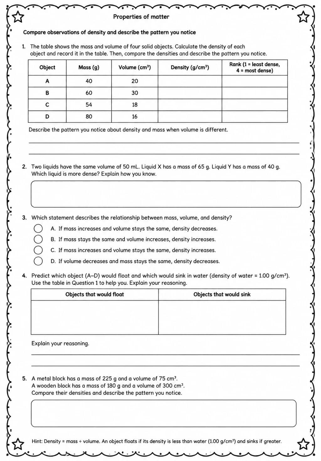 Compare observations of density and describe the pattern you notice — free printable Grade 5 Science worksheet