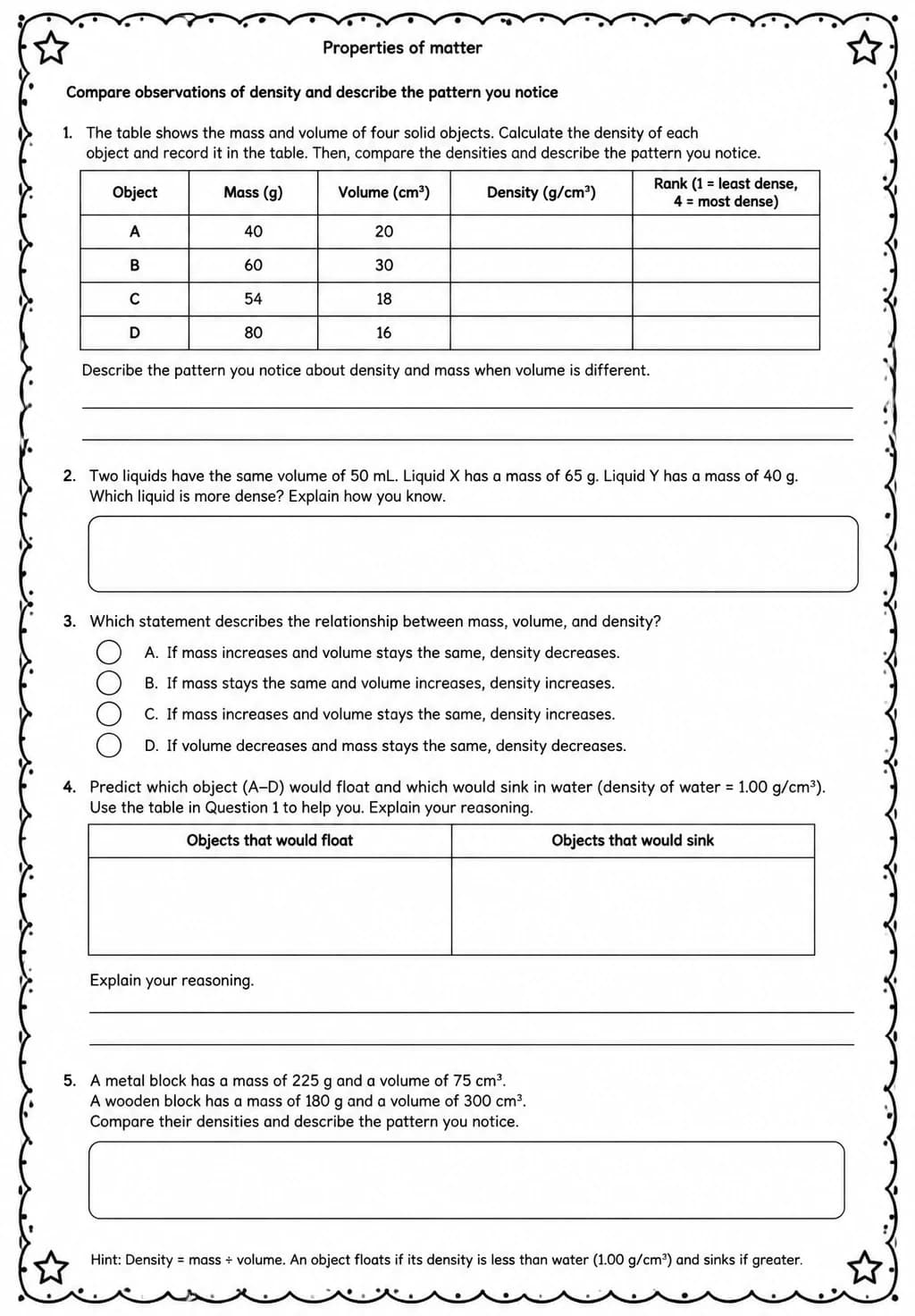 Compare observations of density and describe the pattern you notice — free printable Grade 5 Science worksheet