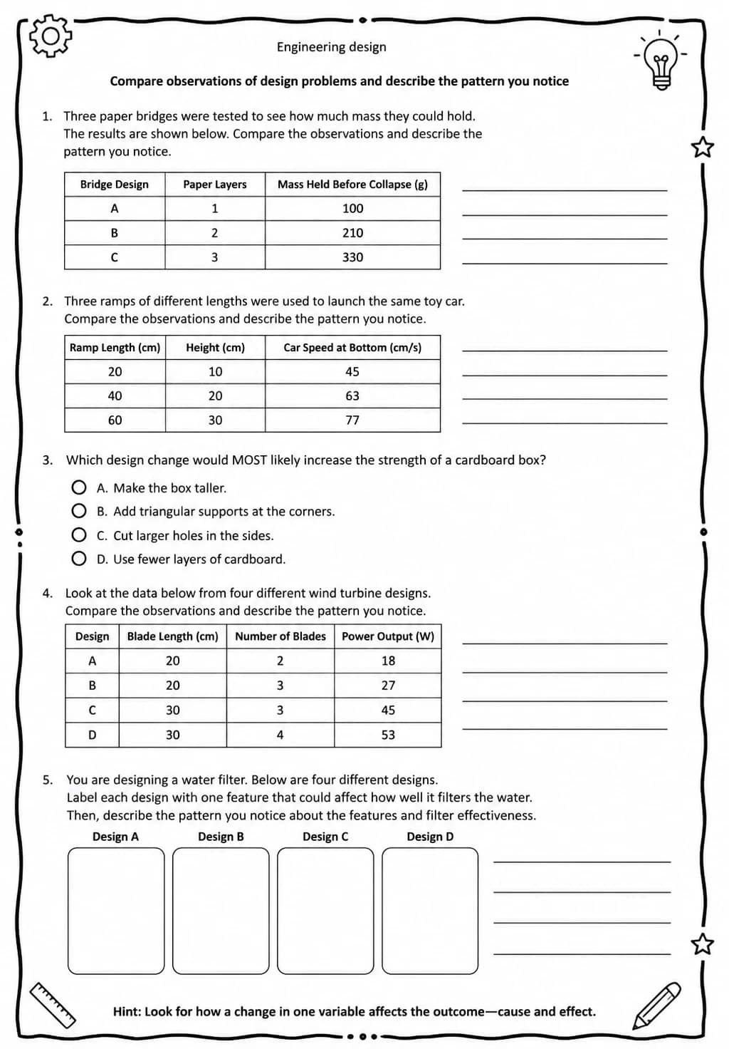 Compare observations of design problems and describe the pattern you notice — free printable Middle School Science worksheet