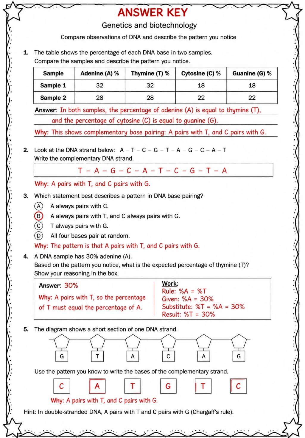 Answer key for Compare observations of DNA and describe the pattern you notice — free printable Science worksheet