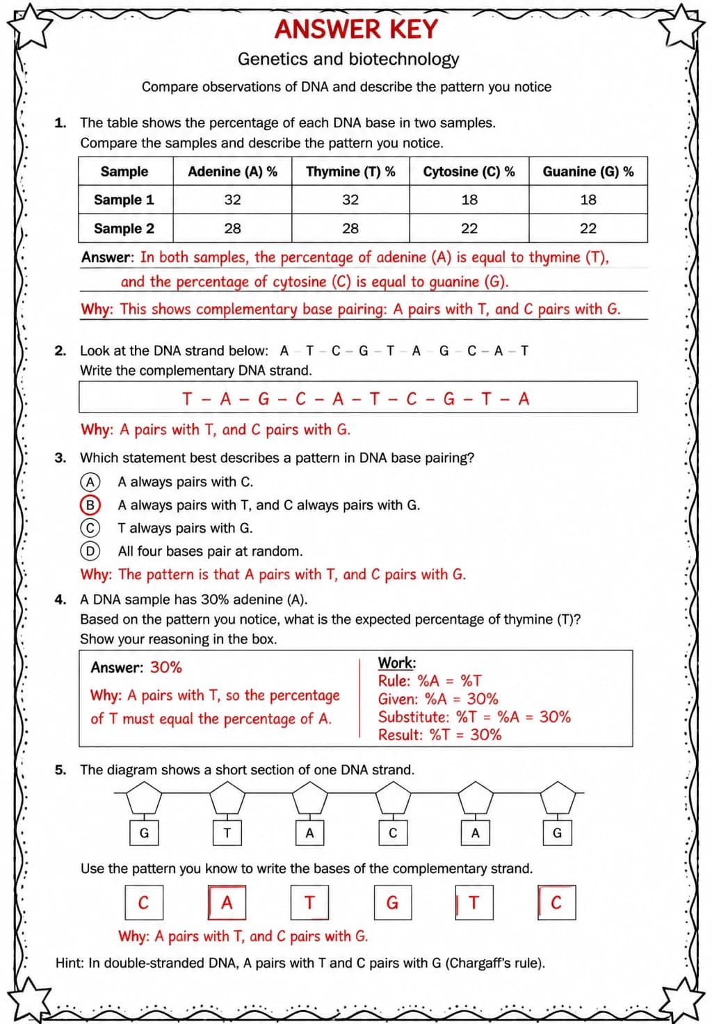 Answer key for Compare observations of DNA and describe the pattern you notice — free printable Science worksheet