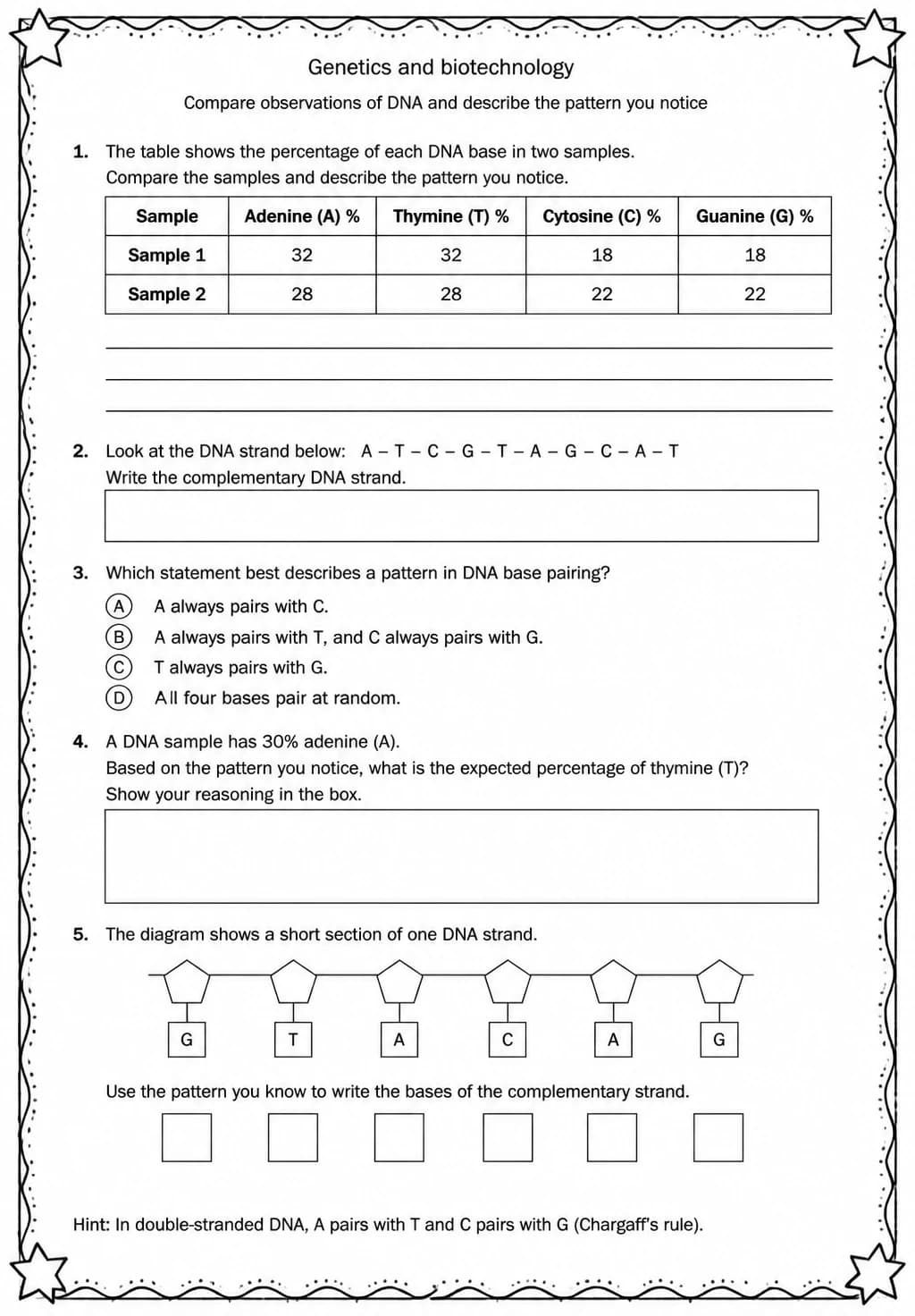 Compare observations of DNA and describe the pattern you notice — free printable Middle School Science worksheet