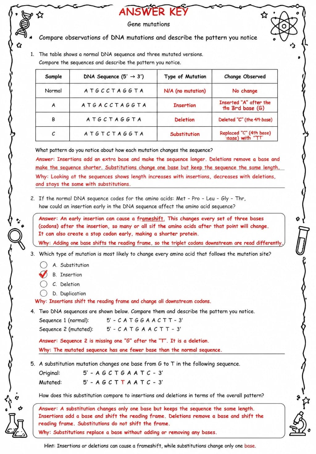 Answer key for Compare observations of DNA mutations and describe the pattern you notice — free printable Science worksheet