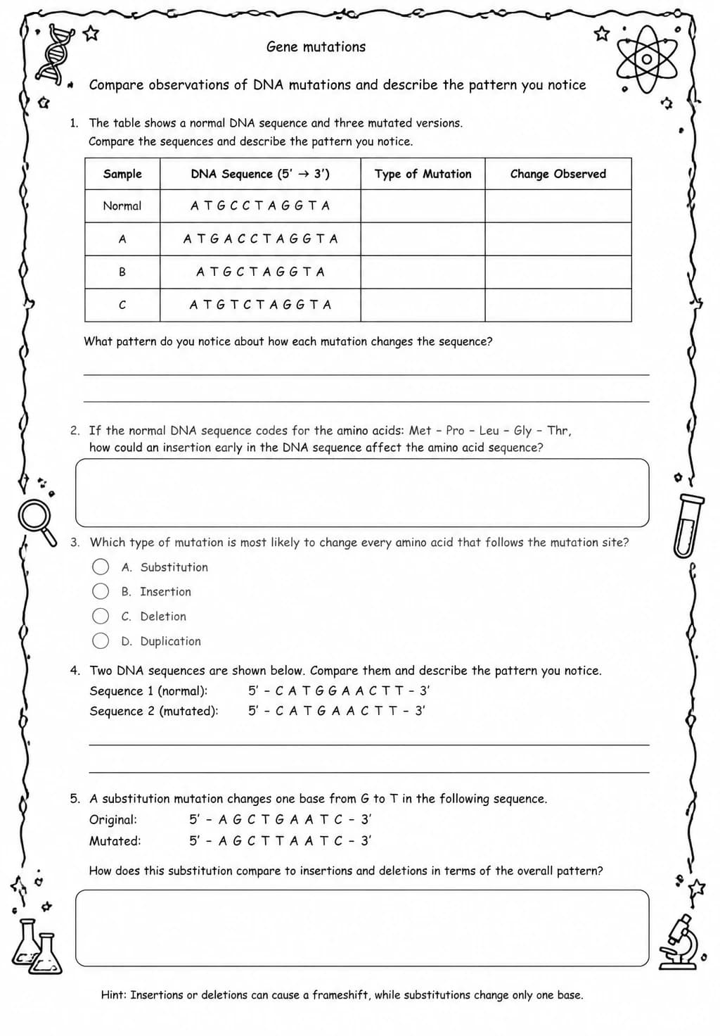 Compare observations of DNA mutations and describe the pattern you notice — free printable Middle School Science worksheet
