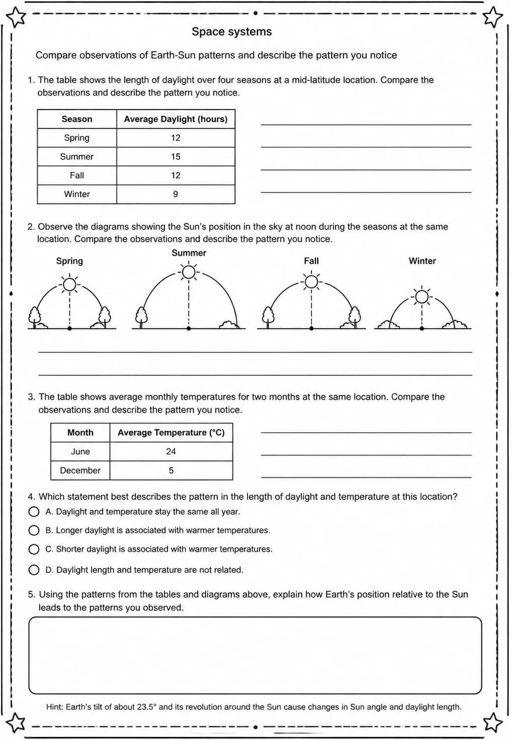 Compare observations of Earth-Sun patterns and describe the pattern you notice — free printable Grade 5 Science worksheet