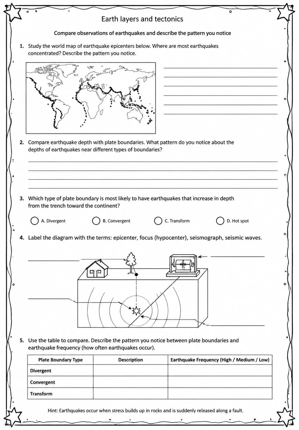 Compare observations of earthquakes and describe the pattern you notice — free printable Middle School Science worksheet
