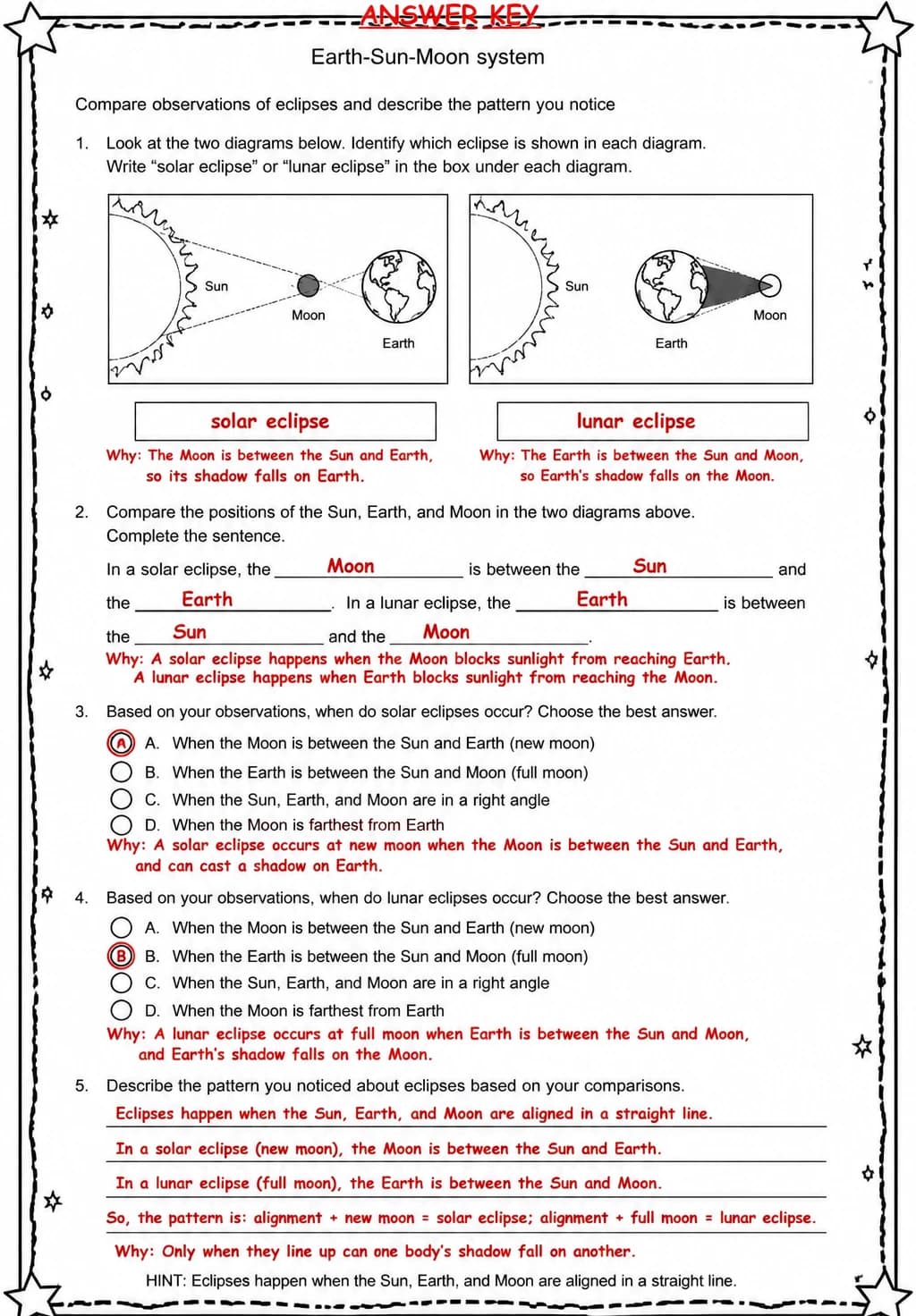 Answer key for Compare observations of eclipses and describe the pattern you notice — free printable Science worksheet
